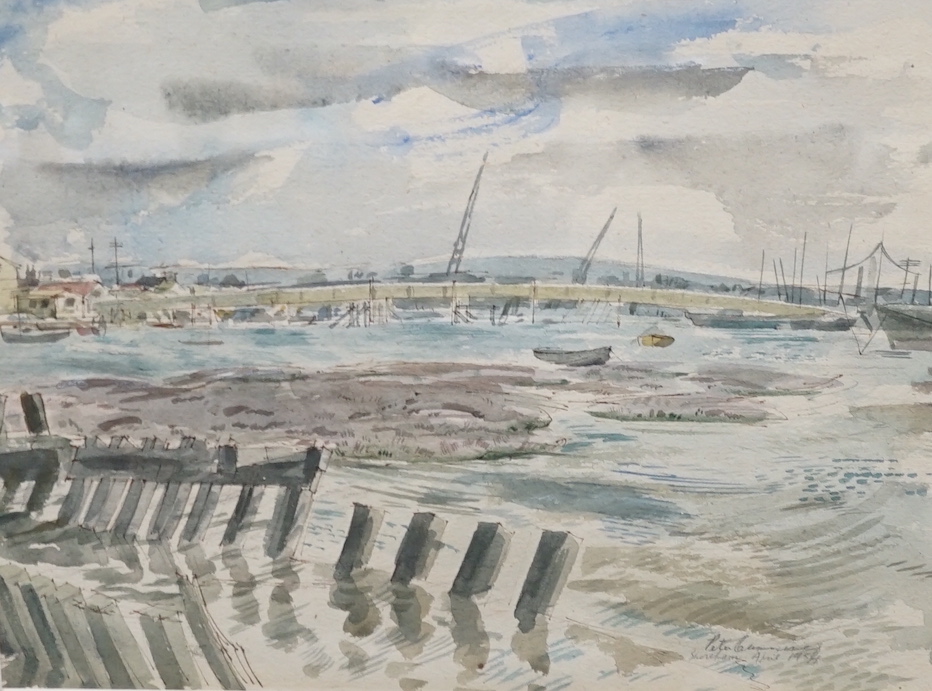 Peter Cumming R.B.A. (1916-1993) ink and watercolour, Shoreham Harbour, signed and dated 1954, various labels including exhibition label verso, 27 x 36cm